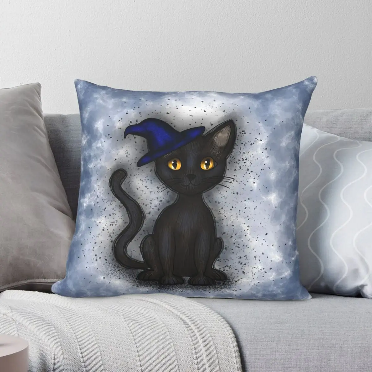 Cat Witch Familiar Square Pillowcase Polyester Linen Velvet Printed Zip Decor Throw Pillow Case Car Cushion Cover 18