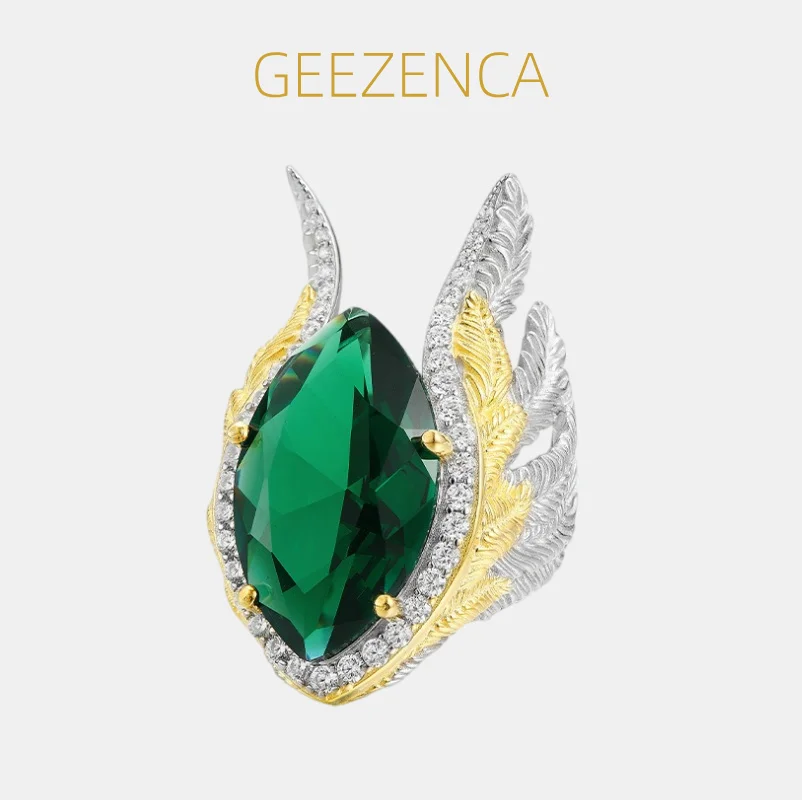 GEEZENCA Green Zircon 925 Sterling Silver Two Tone Cocktail Ring For Women Feather Mask Exaggerated Big Rings Party Gift 2024