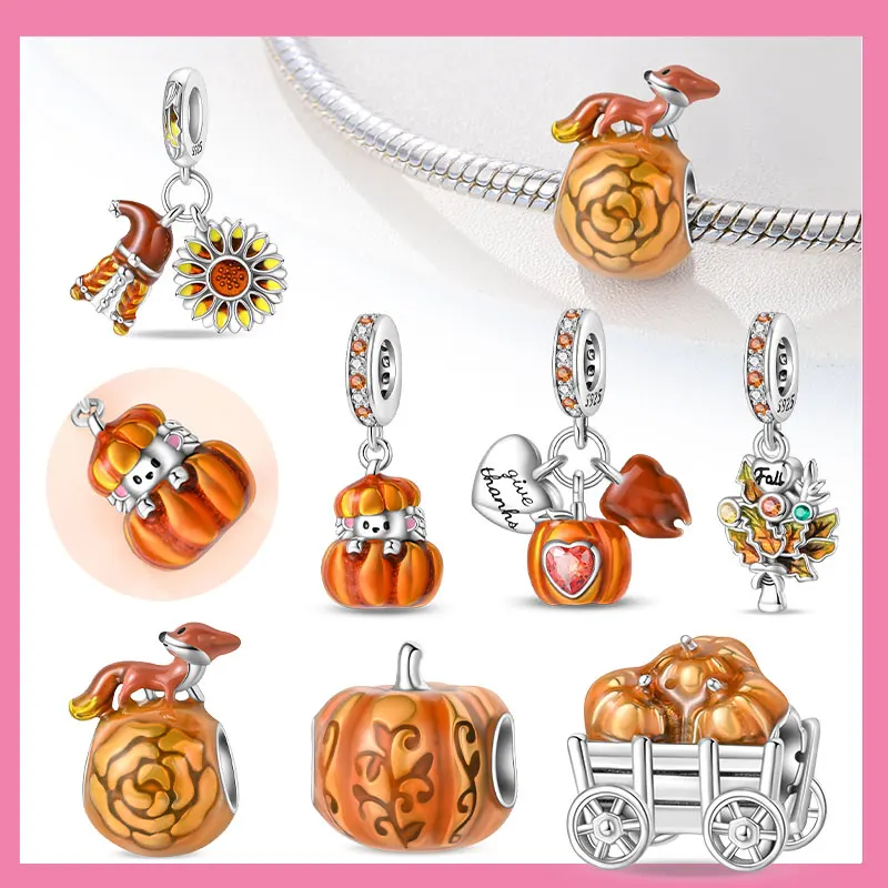 

New in Harvest Season Pumpkin Charms Beads Fits Original Bracelet 925 Silver Women Necklace DIY Charms Fine Jewelry Gifts