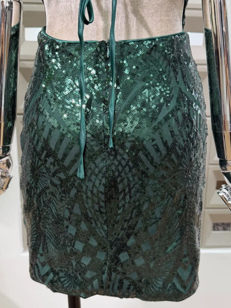 DFDG Damen 2025, Frühling und Sommer, sexy V-Ausschnitt, Pailletten-Cami-Kleid, schmale Passform, figurbetont, Wickel-Taille, Abendparty, Minikleid