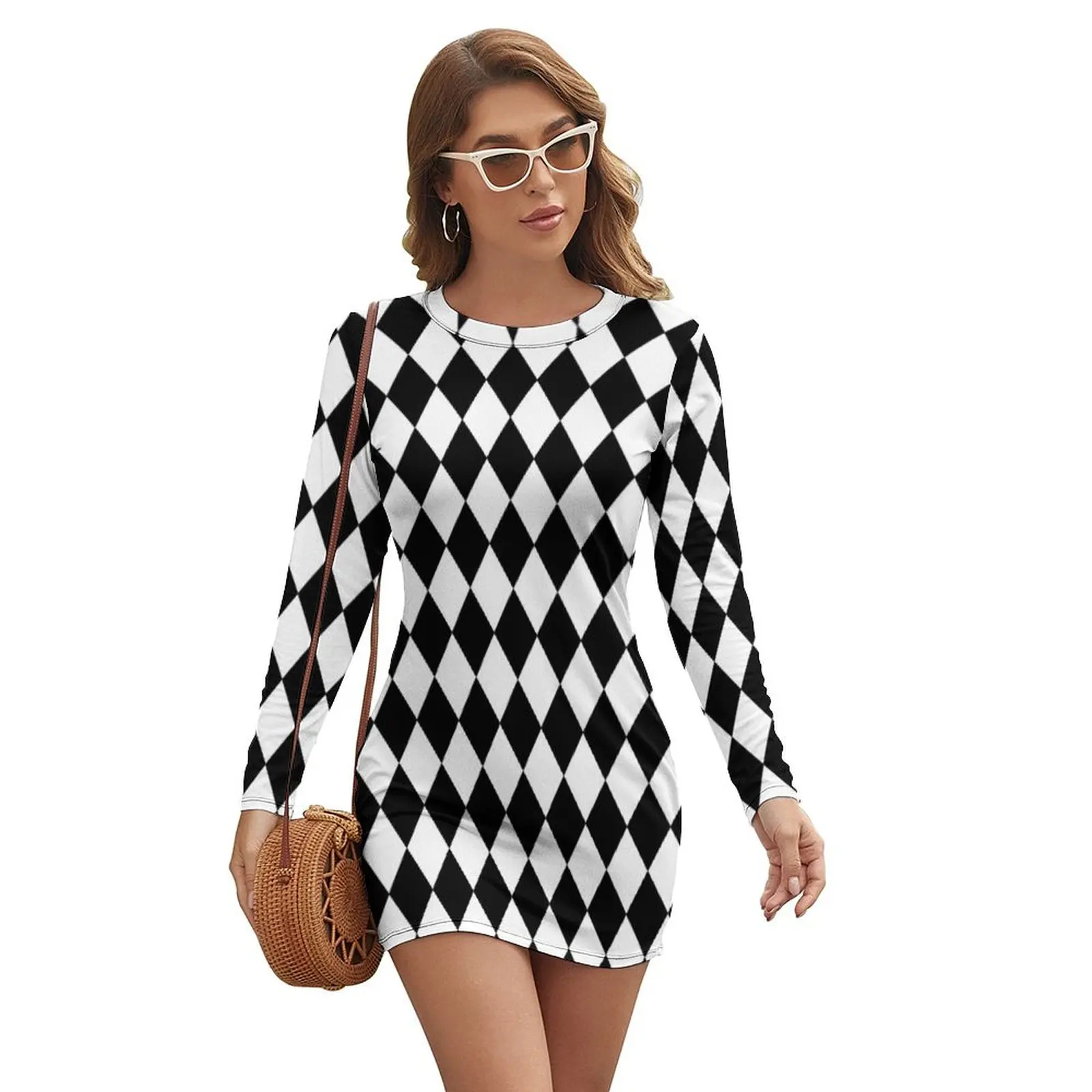 

Black and White Harlequin Pattern Long-sleeved Dress long sleeve dress dresses korean style