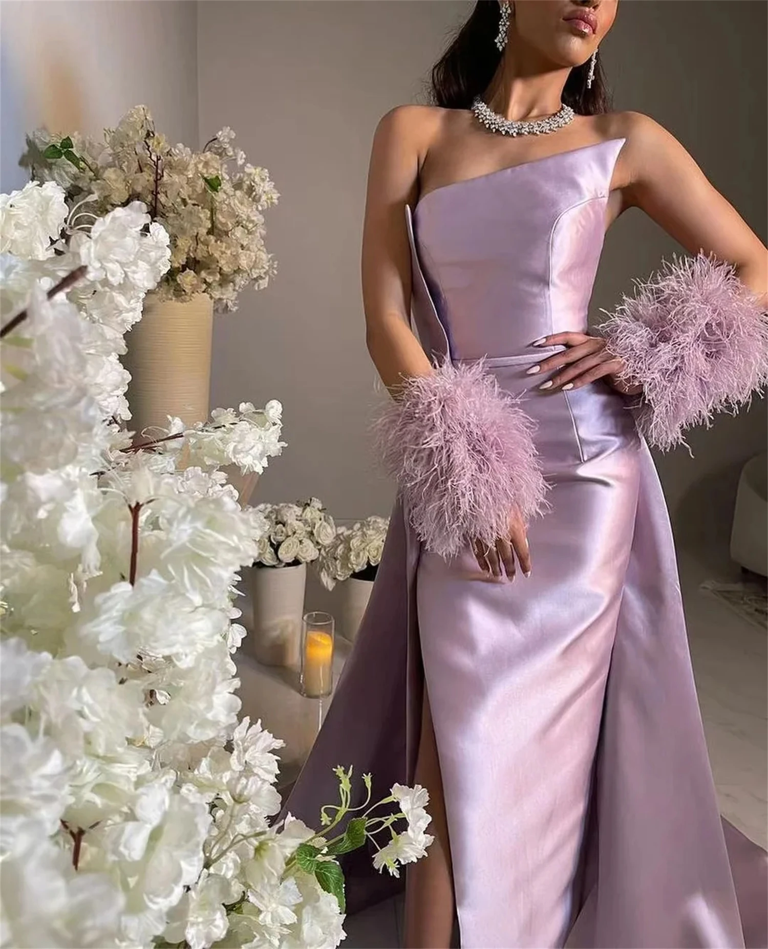 Satin Cocktail Customized Dresses for Prom Mermaid Long Wedding Party Dress Women Elegant Luxury Feather Sleeve Decoration Sexy