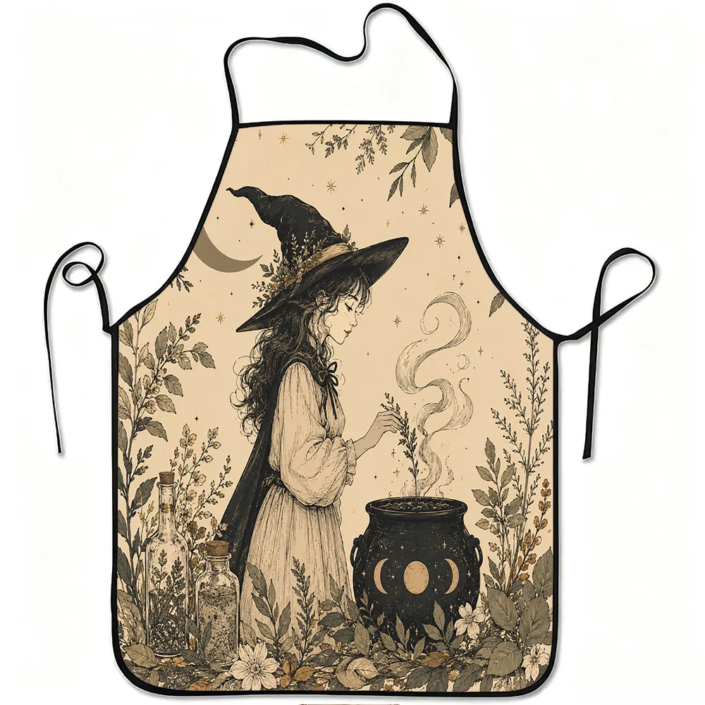 Aprons for kitchen Kitchen baking apron 1 witch moon plant print apron, durable and easy to clean, adjustable belt, polyester