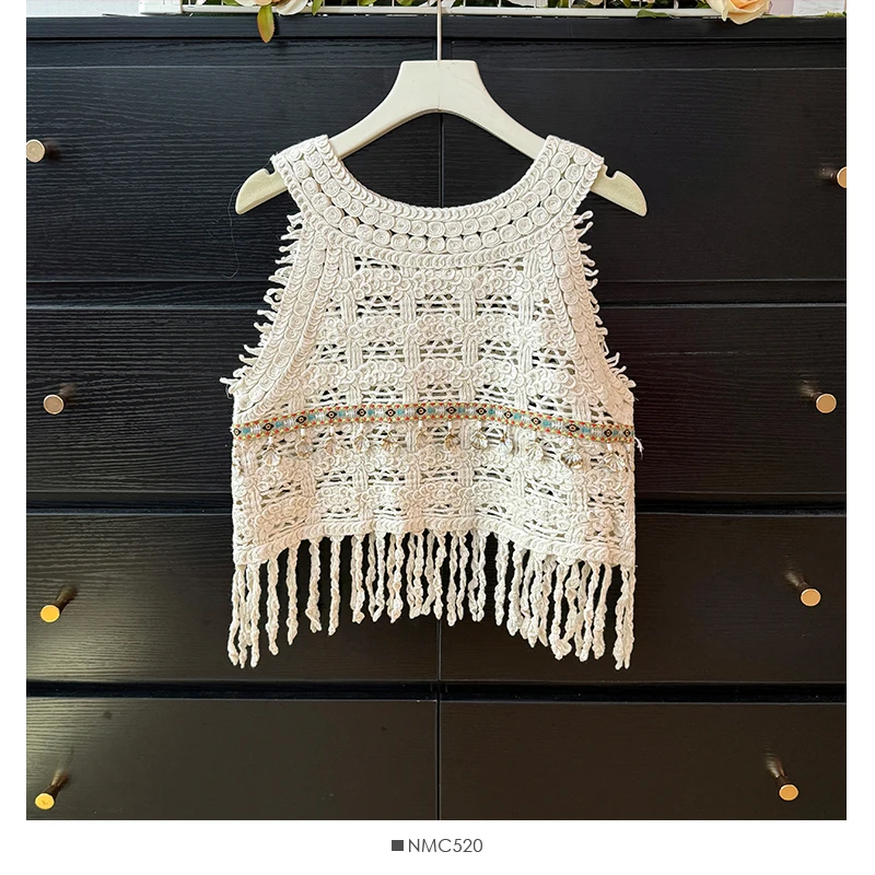 Women's Summer Bohemia Knit Vest Hollowed-out Crochet Tassel Crop Tops Vintage Sleeveless Short Vest