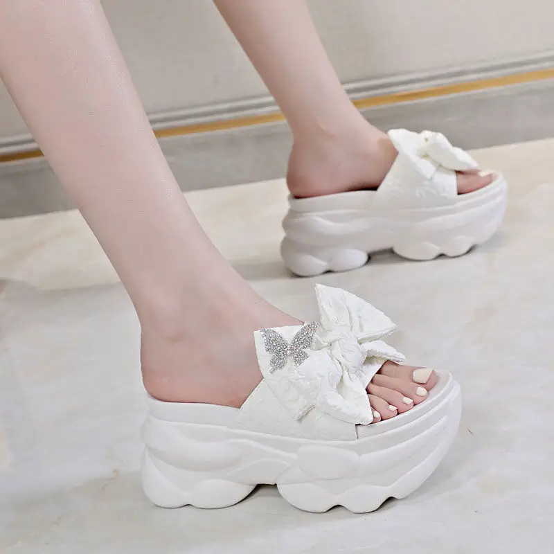 Fujin 9cm Cloth Synthetic Elegance Butterfly Novelty Shoes Appliques Fashion Summer Ethnic Slippers Women Platform Wedge Sandals