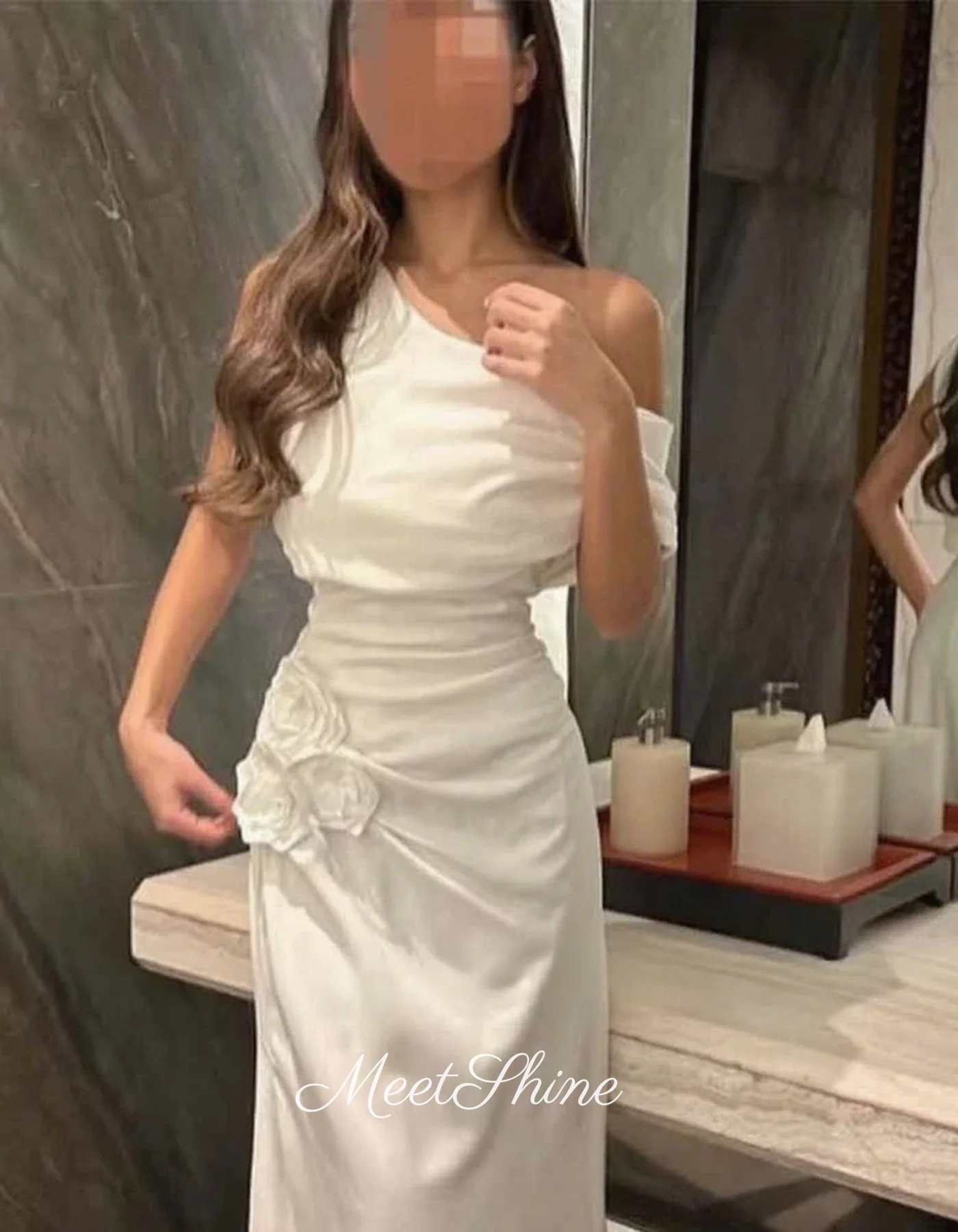 فستان سهرة أنيق أبيض ثلاثي الأبعاد بكتف واحد من Duabi شيفون بطول الكاحل بطيات حورية البحر فستان رسمي لحفلات الزفاف حسب الطلب