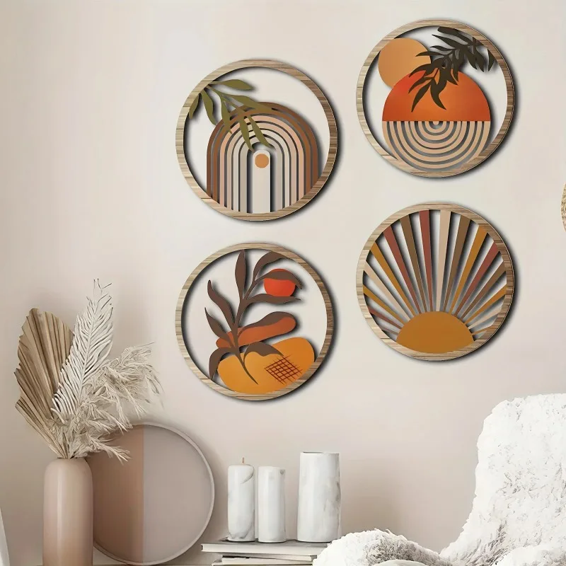 4pcs Bohemian Wooden Wall Art Set - Energy-Efficient Hollowed-Out Pastoral Theme Hanging Sculptures for Living Room Bedroom