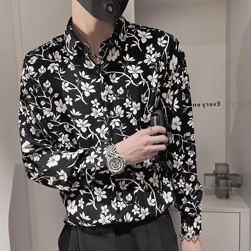 

Мужская рубашка с цветочным принтом в стиле ретро, приталенного кроя, с длинными рукавами, весенне-осенняя, модная, в корейском стиле, повседневная, стильная, модная верхняя одежда