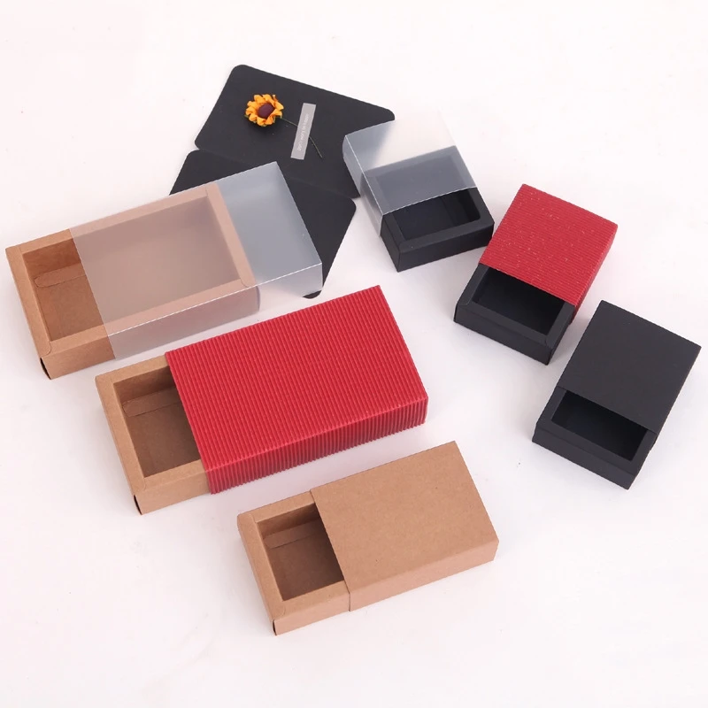 10Pcs Good Kraft Paper Gift Packing Box Wedding Party Cookie Candy Cake Boxes With Clear PVC Window Delicate Drawer Display