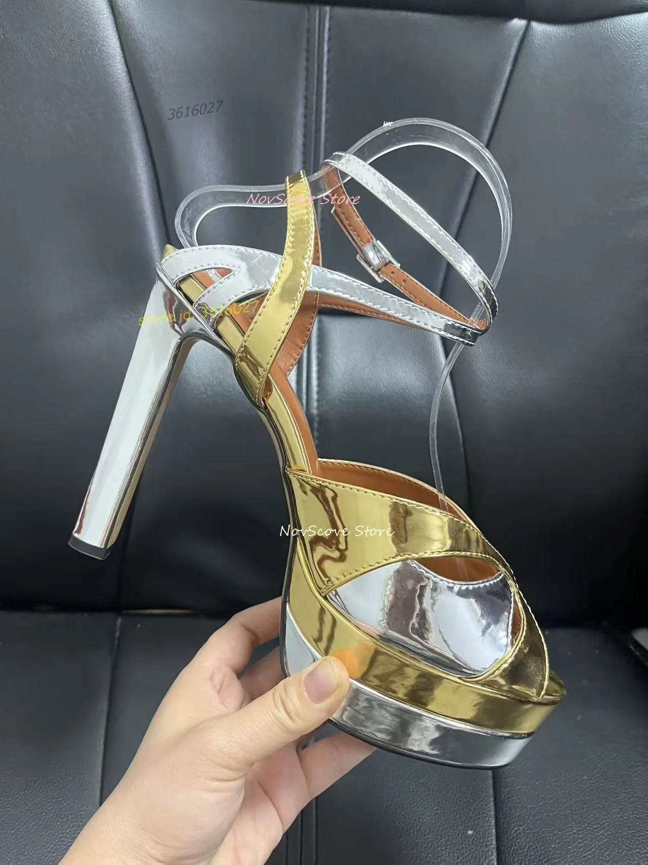 Open Toe Platform Sandals Mixed Color Metallic Finish Leather Ankle Buckle Shallow High Heels Shoes Summer Sexy Women Party Shoe