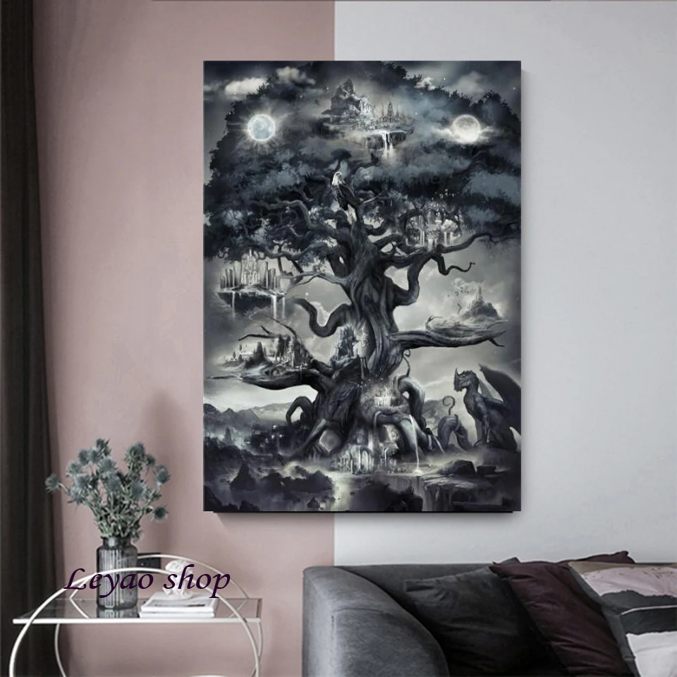 Yggdrasil Norse World Tree Full Drill Diamond Painting Norse Mythology Fantasy Landscape Mosaic Portrait Pictures For Home Decor