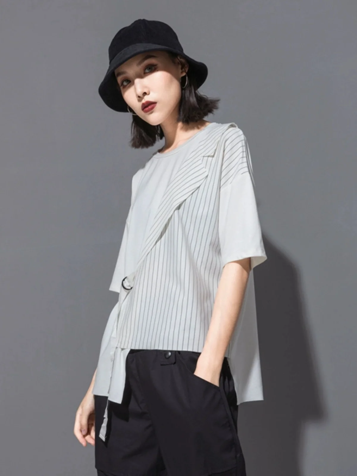 

Street Style Punk T-Shirt Women's Short Sleeve Drawstring Collar Asymmetrical Patchwork Stripe Pattern Creative Design Top