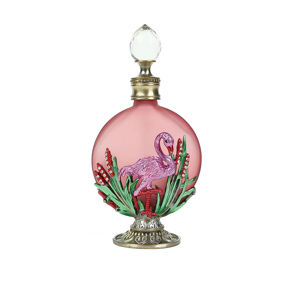 1pc Perfume Bottle 30ML/1oz Pink Glass 3D Enamel Crane Bird Clear Crystal Cap Anti-drop for Cologne Essential Oil Home Ornament