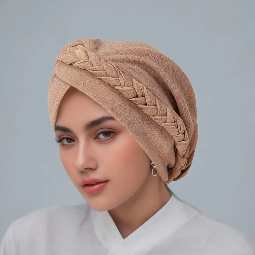 RIMAIRE Average Size Cotton Muslim Hat Hijab with Braid Decoration Islamic Hijabs for Woman Turbans for Women Instant Hijab Cap