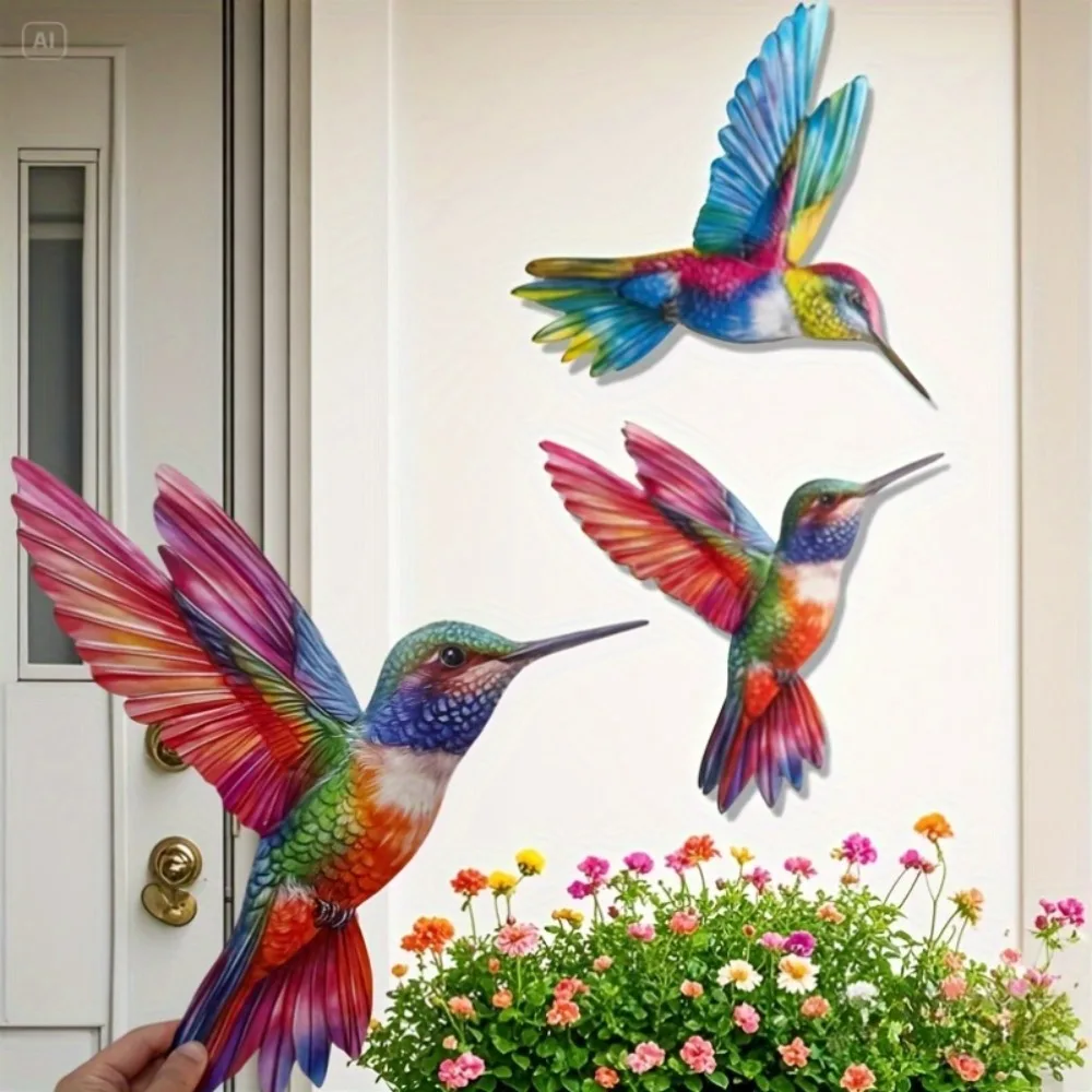 CIFBUY Metal Hummingbird Wall Art 2Pcs Bionic Garden Sculpture Rustproof Windproof Balcony Outdoor Decor for Villa Patio Green P