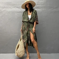 Womens Cotton Beach Swimsuit Bikini Cover Up Letnie stroje plażowe dla kobiet Print Maxi Tunic Loose Long Kimono Cardigan Dress