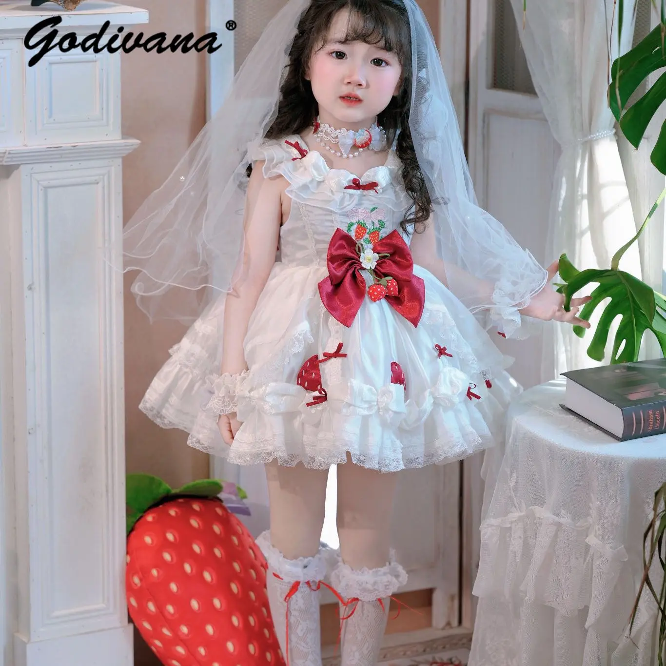 Original Sweet Baby Girls High End Heavy Cute Embroidery White Lolita Dress Kids 2026 Summer New First Birthday Party Ball Gown