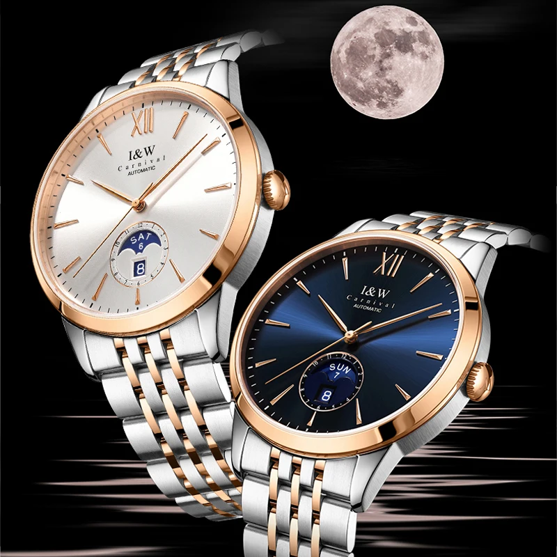 Montre mécanique en acier inoxydable pour homme, série haut de gamme, marque IW, mouvement MIYOTA saphir, Phase de lune classique