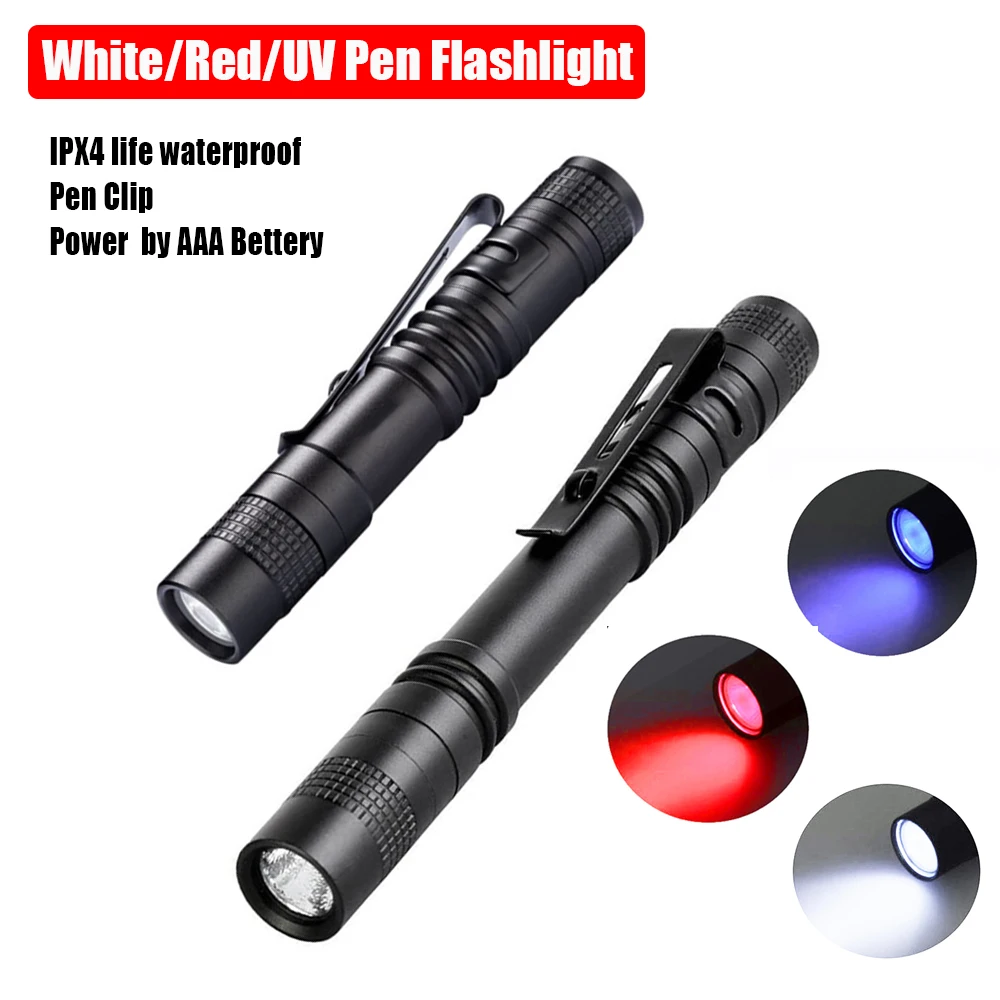 Mini Portable Handheld LED Pen Light White/Red/UV Light Flashlight Dentist Nurse Clip Pocket Torch Power by AAA Battery