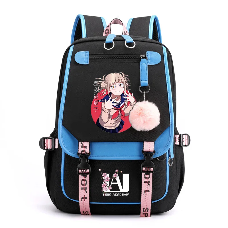 Anime novo himiko toga padrão mochila adolescente moda rua legal usb mochila grande capacidade casual zíper mochilas