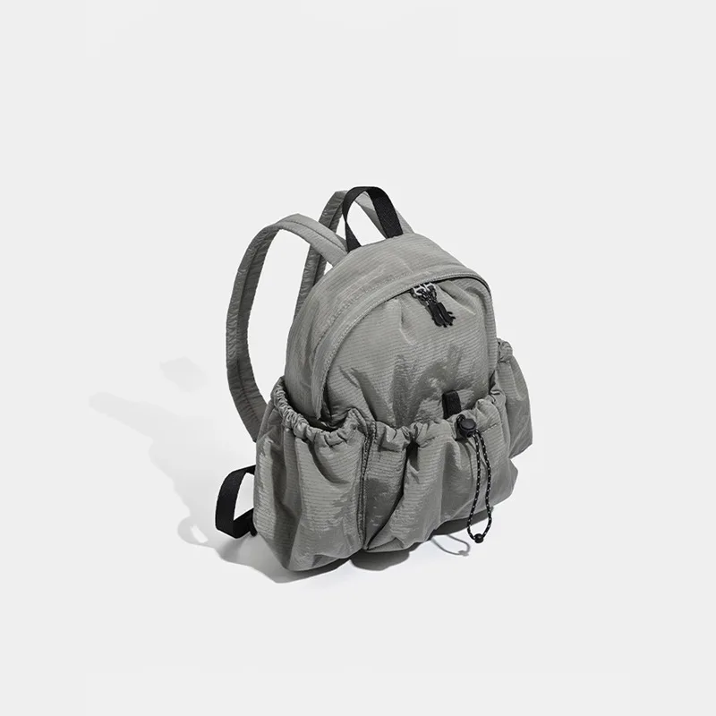 Lightweight Ruched Drawstring Nylon Backpack Solid Color Casual Mini Daypack Multi Pocket Soft Fabric Women Travel Rucksack