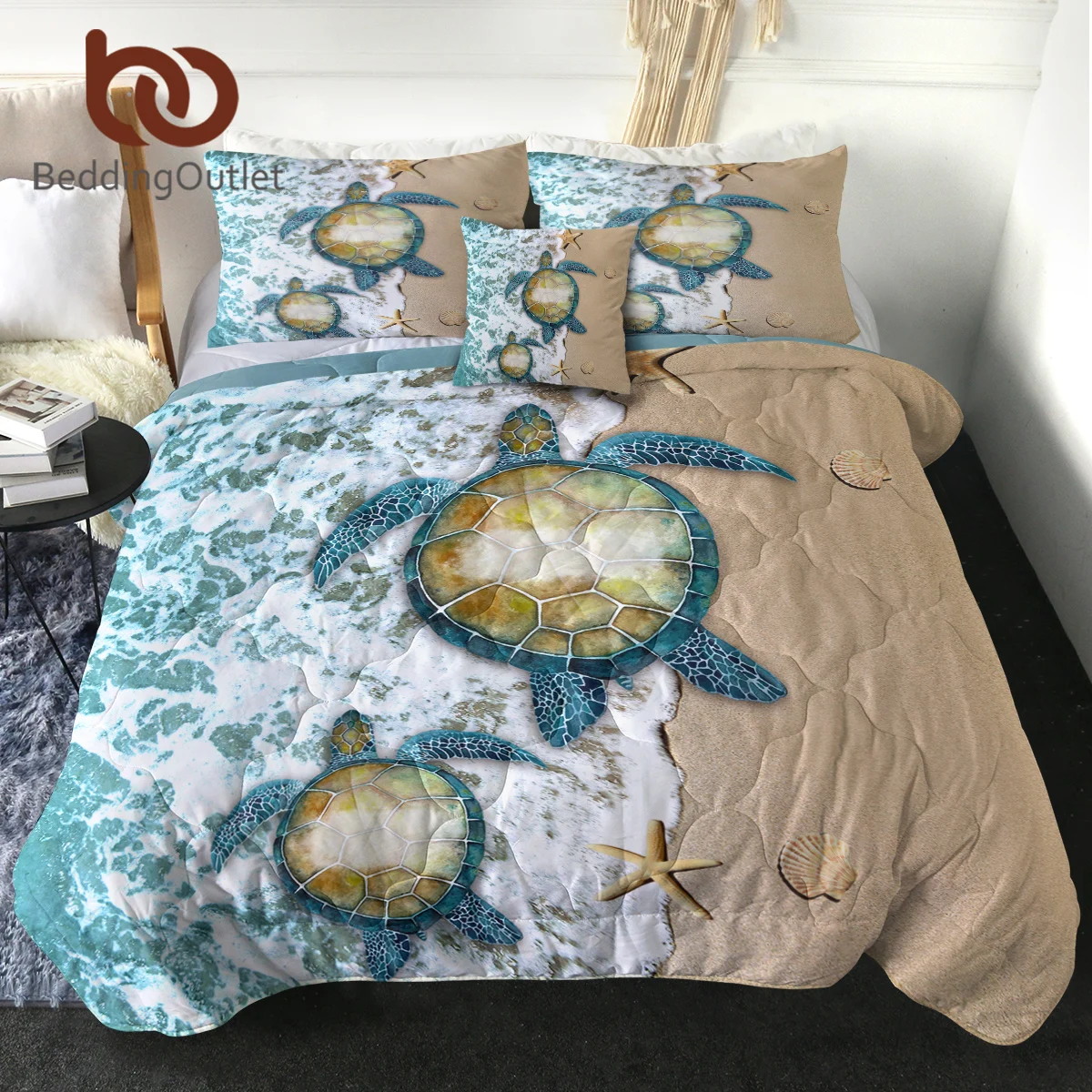 BeddingOutlet Turtle Beach Bedding Set Sea Waves Shells Starfish Pattern Quilt With Pilow Shams And Cushion Cover For Home Decor