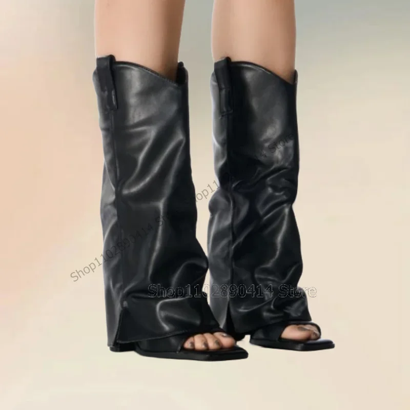 

Black Turned Over Open Toe Sandals Boots Slip On Women Shoes Chunky High Heels Fashion Party Banquet 2025 Zapatos Para Mujere