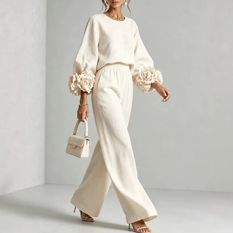 Autumn Solid Two‑Piece Sets Ladies Round Neck Lantern Sleeve Top 3D Flower Wide Leg Trousers Suit Elegant Daily Vacation Outfits view 5