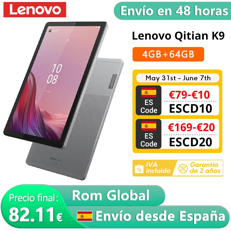 ROM Global Lenovo Qitian K9 WiFi 4GB 64GB Pantalla HD de 9 pulgadas MTK G80 Octa-core 5100mAh Android 13 Lenovo Tablet