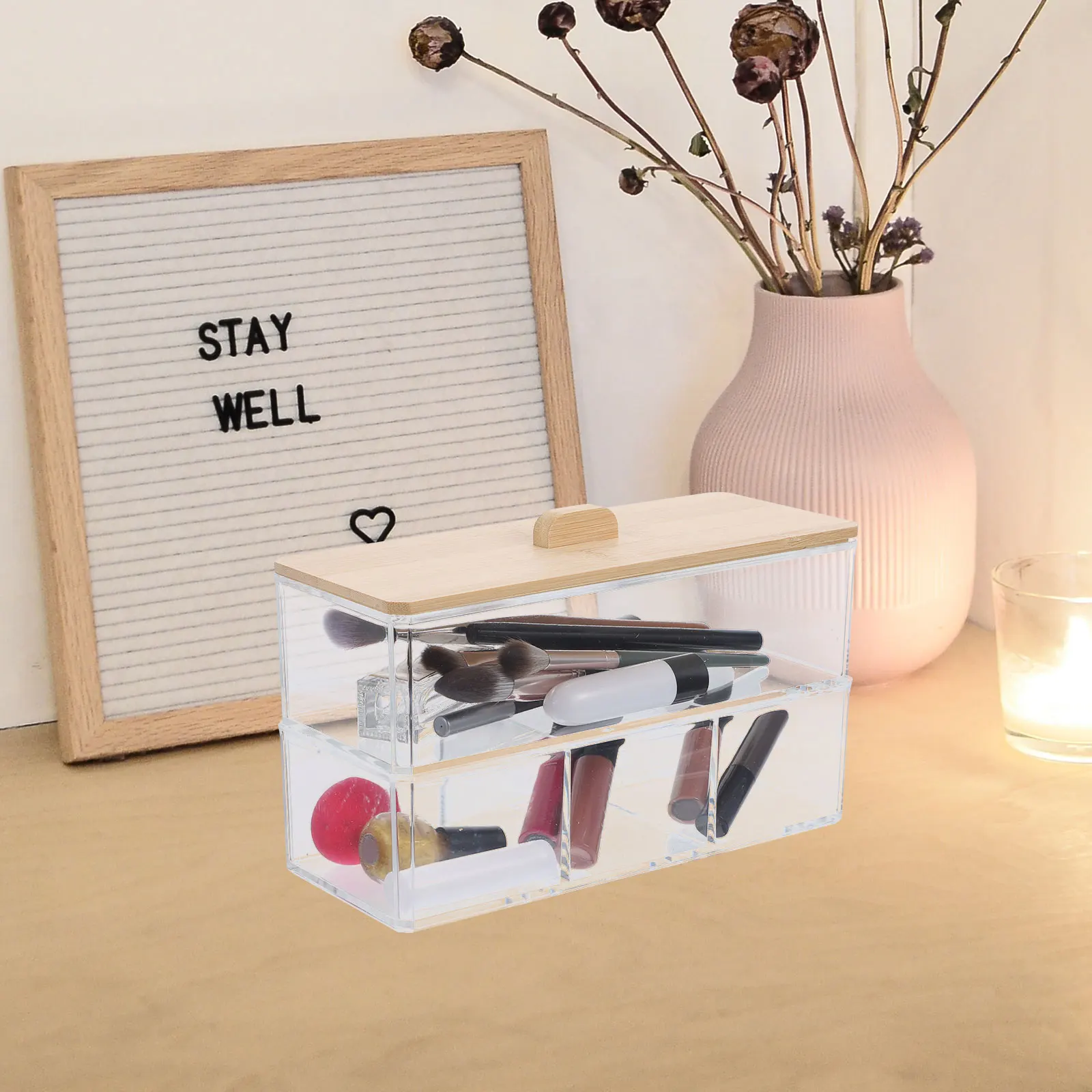 

Clear Acrylic Bamboo Lid Storage Box Dustproof Multi Compartment ganizer Cotton Swabs Pads Balls Portable Tidy Desk