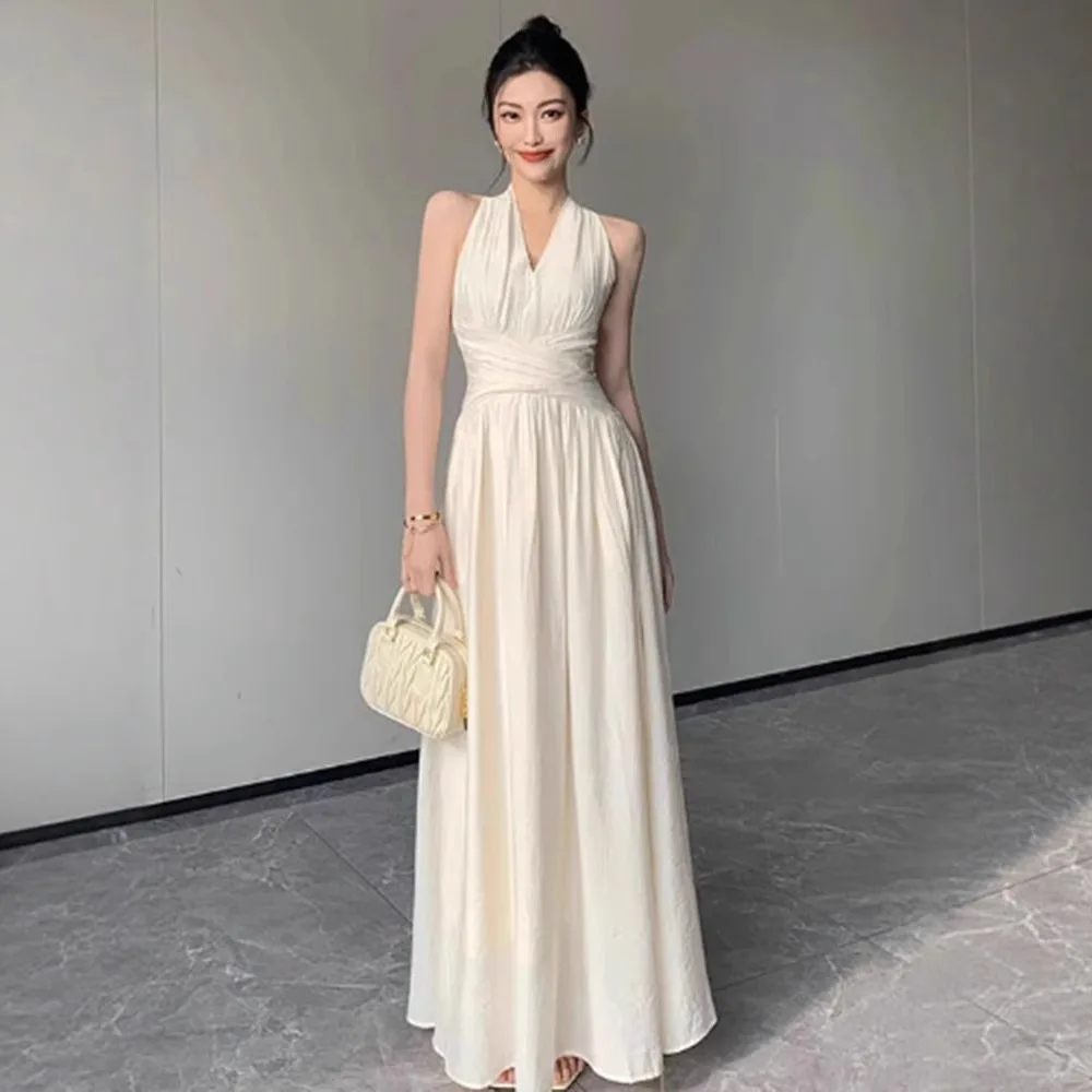 

French Style Slim Fit Halter Dress Women's 2025 Summer New Style Waist Vacation Style Sleeveless Long Dress