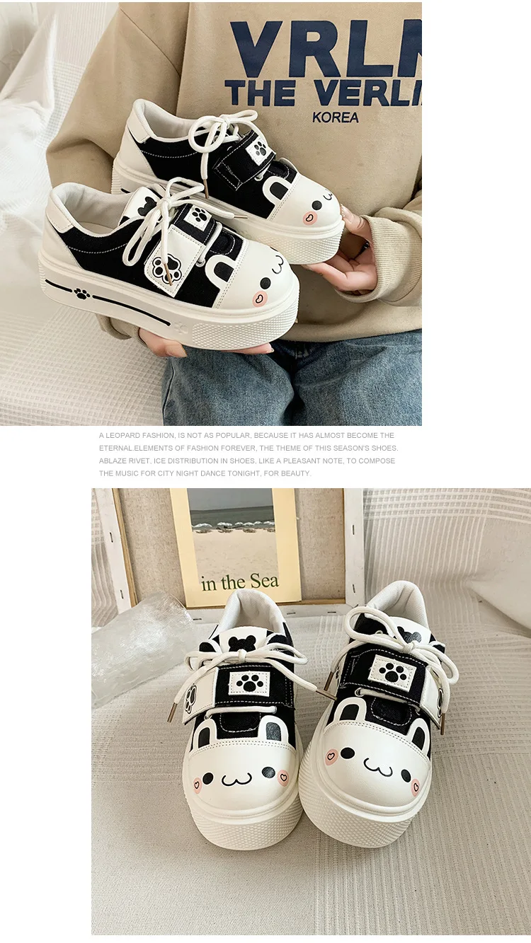 Kuschelige Katzenpfoten-Canvas-Schuhe, Schnür-Sneaker mit Kätzchen-Patchwork für Damen, Plateau-Schuhe aus Kunstleder, Lolita-Chunky-Trainer – Detail 17