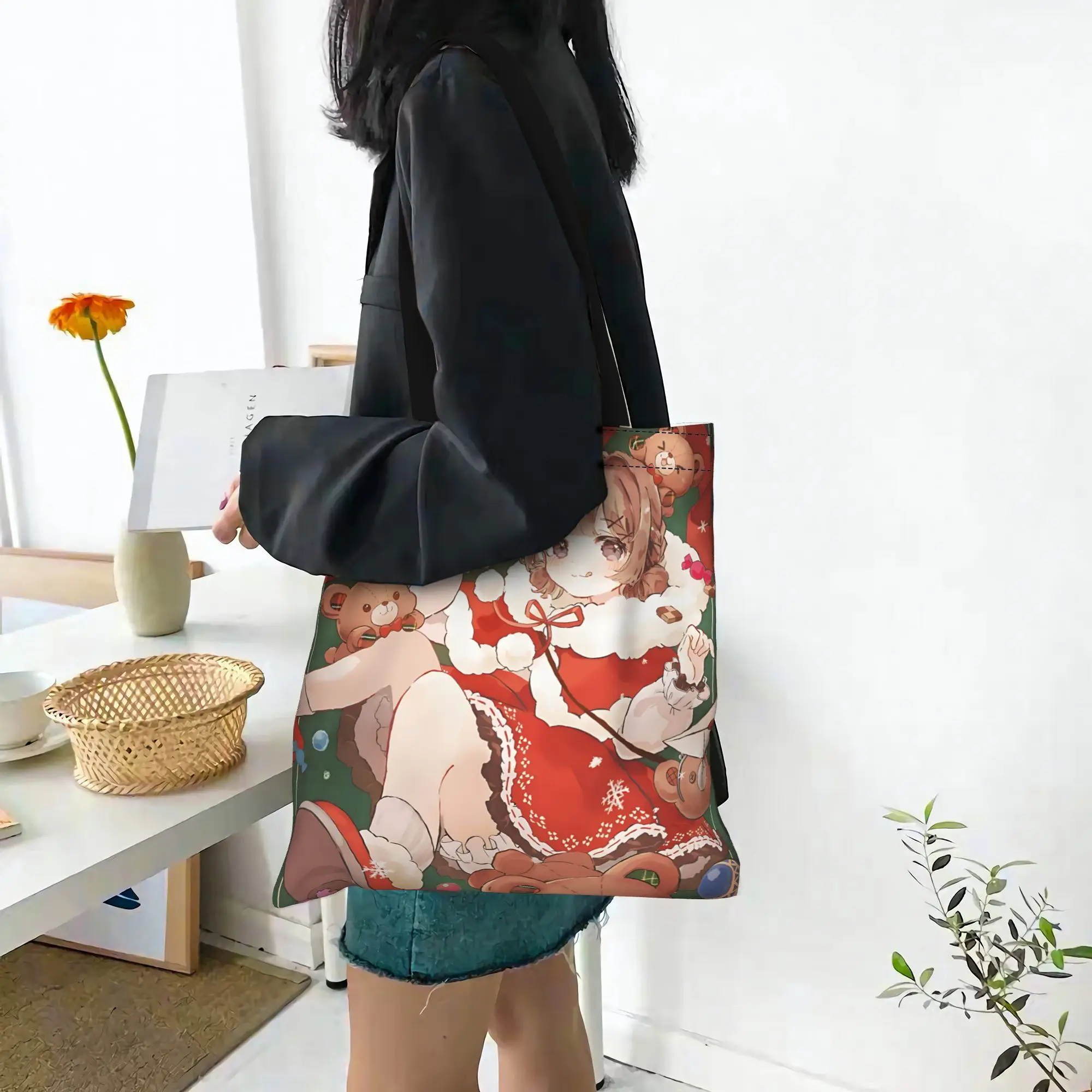 Fashion Women's Bag Anime Girl Teddy Bear Christmas Shopping Bag Canvas  Canvas Tote Bag Women'S Shoulder Handbag Christmas Gift