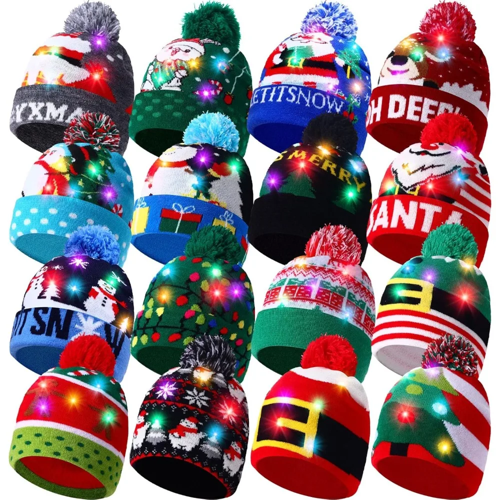 

16 Pcs LED Christmas Hat, Christmas LED Light up Knitted Beanie Hat Xmas Beanie Cap with Pompom Winter Knitted Hat