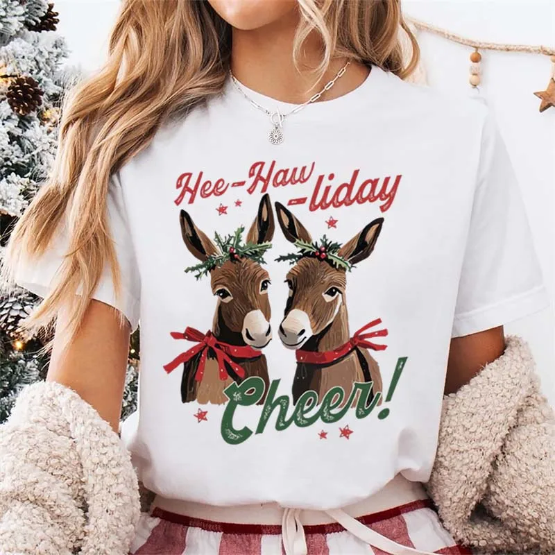 

Hee-Haw-Liday Cheer Women's Christmas T-Shirt Holiday Donkey Graphic Print Round Neck Short Sleeve Fashion Holiday White T-Shirt