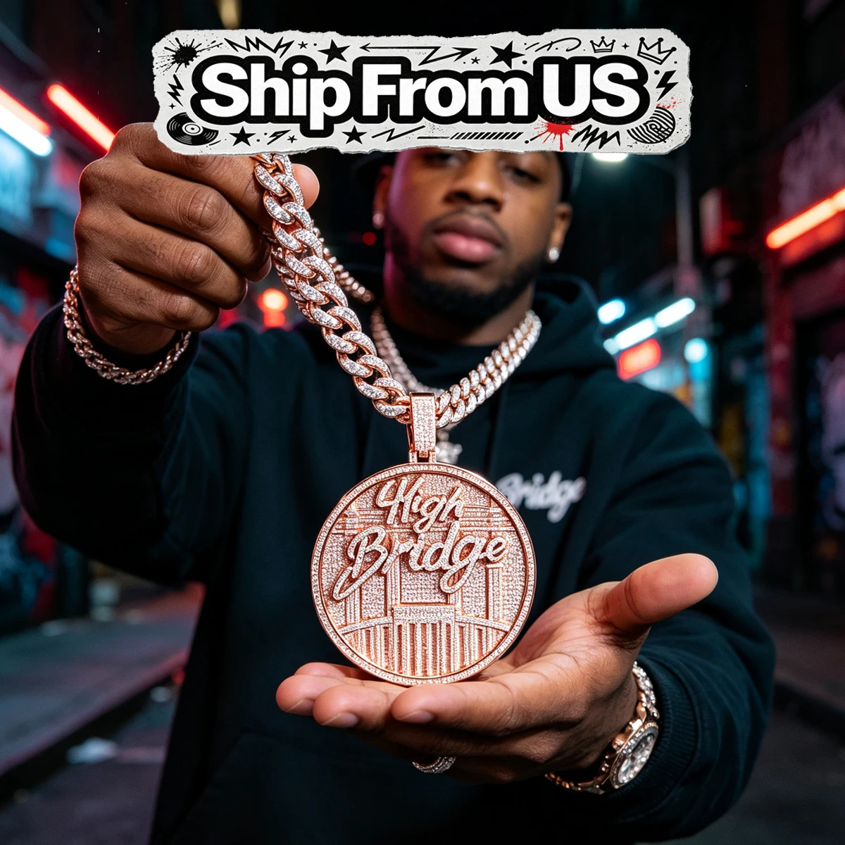 Sparkling Hip Hop Charm 18K Gold Plated Iced Out High Bridge Round Pendant Micro Paved Cubic Zirconia  Bling Stone Encrusted Jewelry Men Urban Rap Accessory Club Ornament Full Diamond Fine Jewelry Gifts for Men Boy Friends Fits Thick Cuban Chain Necklace
