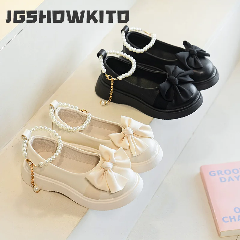 JGSHOWKITO Girls Bow Mary Jane Shoes Pearl Ankle Strap Children Non-slip Thick Sole Kids Wedding Party Princess Leather Shoes