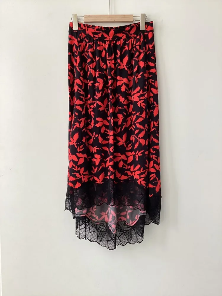 100% Viscose Women's Red Elastic Waist Lace Stitching Irregular Skirt Maple Leaf Printing Vintage Jupe