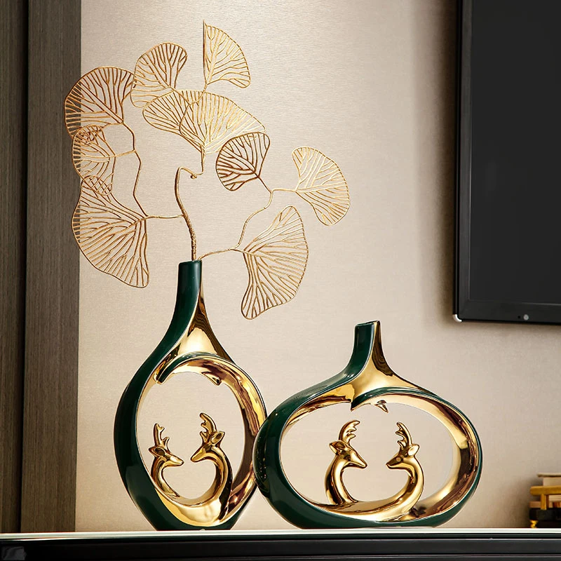 Dual Hollow Vase Table Decor Ornament Metallic Deer Silhouette Ginkgo Leaf Matching Indoor Display Craft Glossy Two Tone Outer