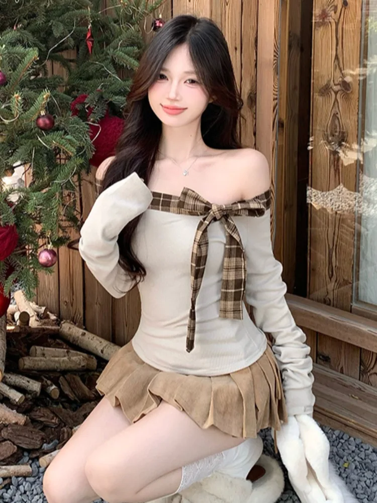 

Korean Style Women's Long Sleeve Flocking Knot One Shoulder T-Shirt Pure Desire Inner Wear Commute Fashion