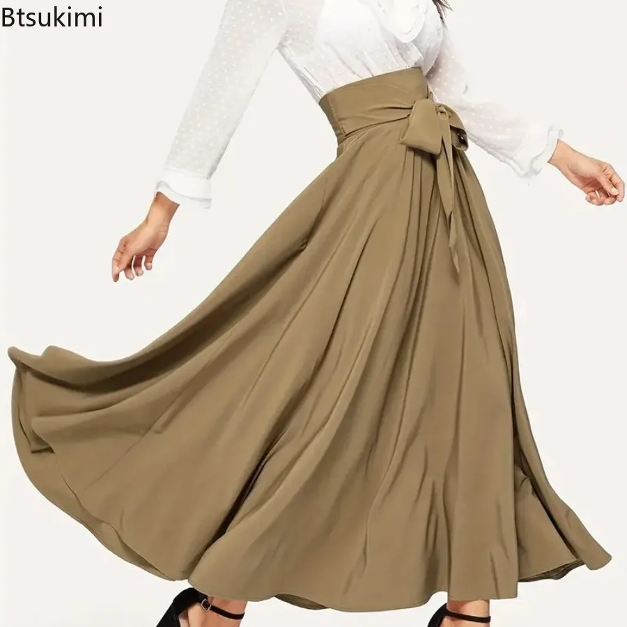 2026 Women's High Waist A-line Skirt Elegant Lace Up Maxi Skirt Solid Casual Pleated Half Skirt Women Temperament Commuting Wear