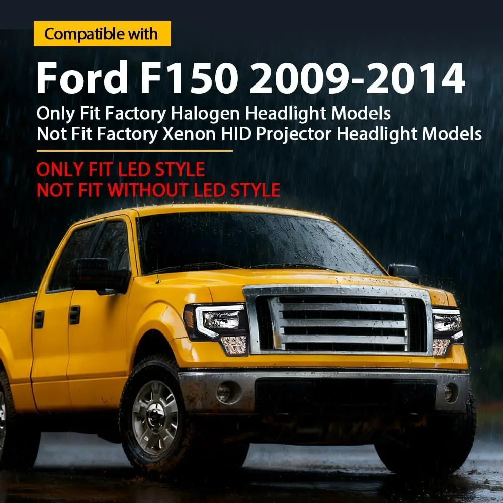 Compatible with 2009-2014 Ford F150 LED DRL Headlight Assembly Pair, Driver & Passenger Side, Clear Lens with Amber Reflector