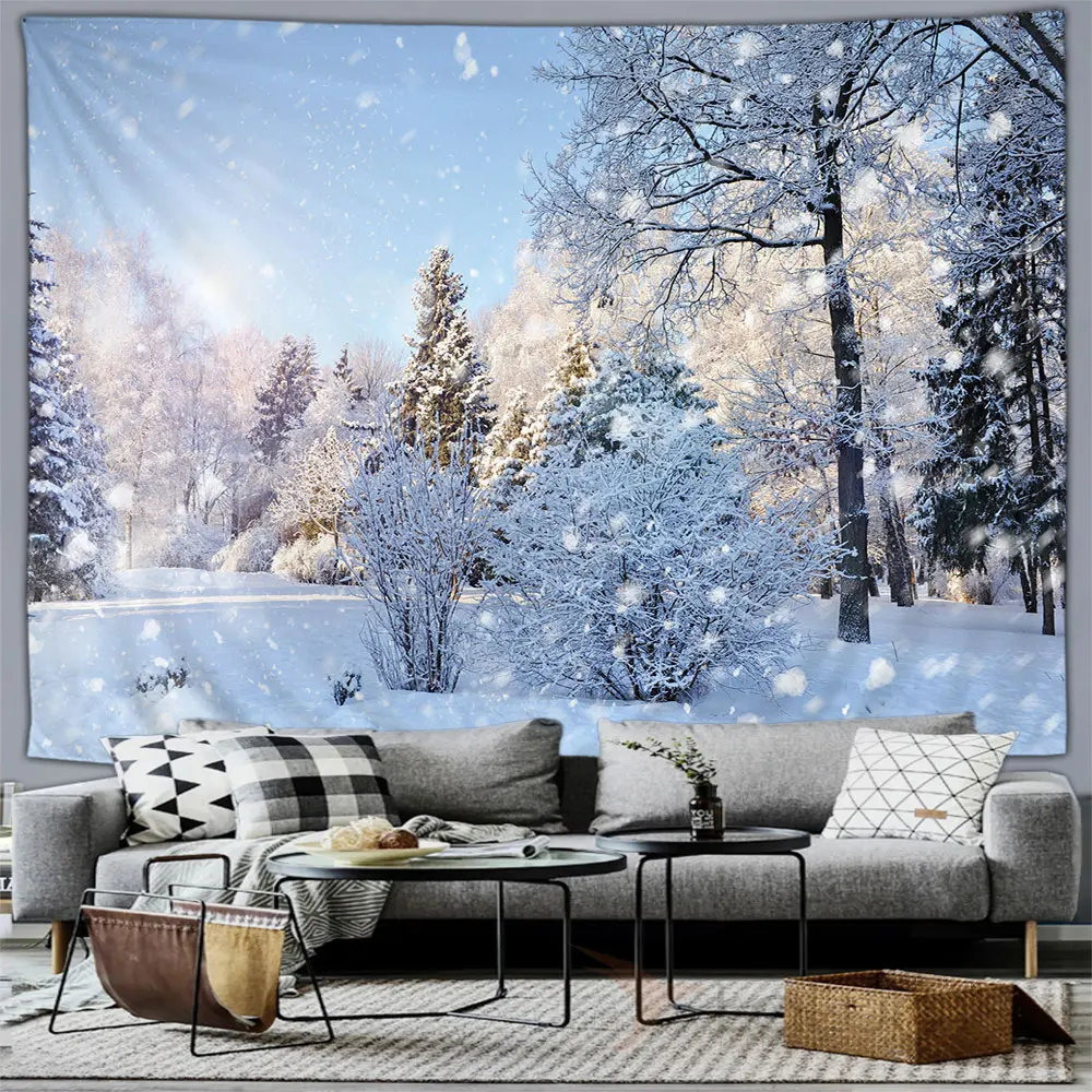 Winter Forest Snow Scene Tapestry Wall Hanging Christmas Tree Happy New Year Bedroom Living Room Home Decoration