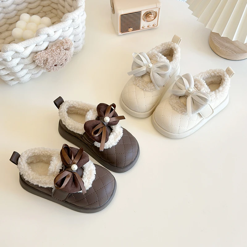 

Girls Winter Shoes Outdoor Fashion Kids Causal Princess Cotton Shoes Beige Soft Bottom Children's Warm Plush Shoes with Bowknot