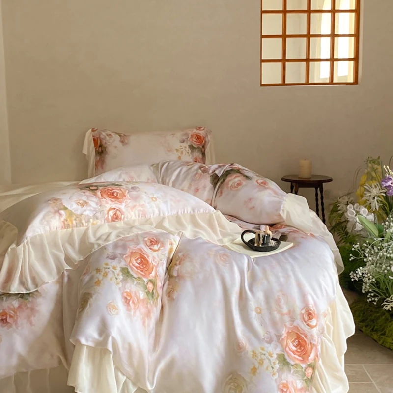 Romantic Princess Flowers Printing Bedding Set Luxury Lyocell Cotton Chiffon Lace Ruffles Duvet Cover Bed Sheet Pillowcases