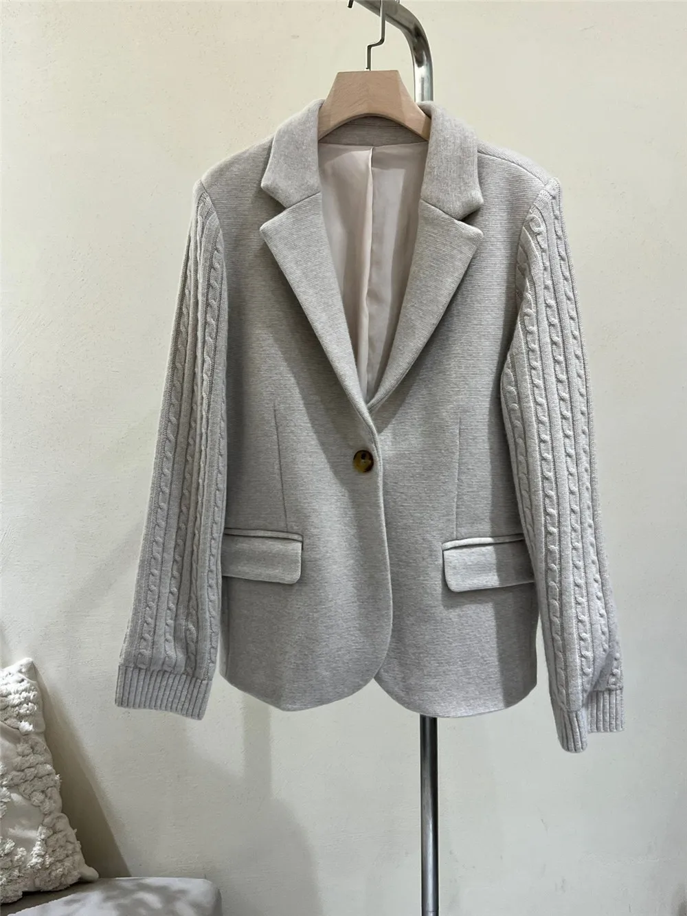 2024 Autumn Women Single Button Blazers Coat Winter B*C New Cashmere Patchwork Knitted Outwear Long Sleeve Chic Vestes