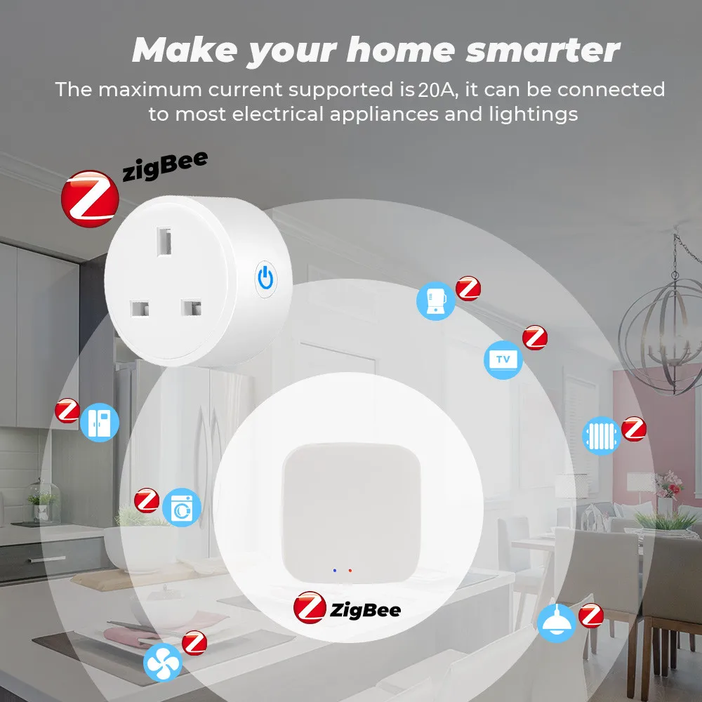 Cerhot Tuya ZigBee Plug Smart Socket 20A Power Monitor Smart Plug UK Socket 3pin Outlet Adapter with Energy Timer Work For Alexa