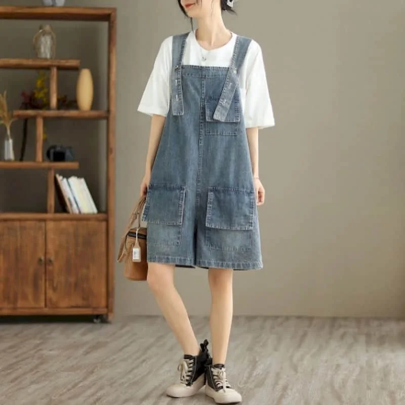 Denim Jumpsuit for Women Vintage Korean Style One Piece Outfit Casual Loose Solid New Summer Clothing for Women Cropped Jeans