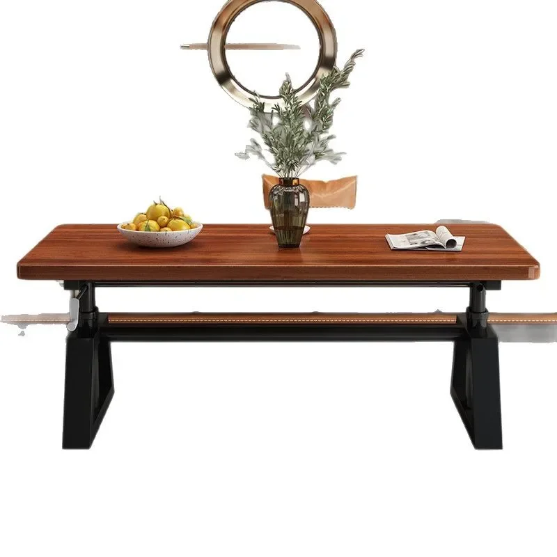 

Solid wood rubber wood lifting coffee table living room home dining table multi-functional solid wood learning hand crank