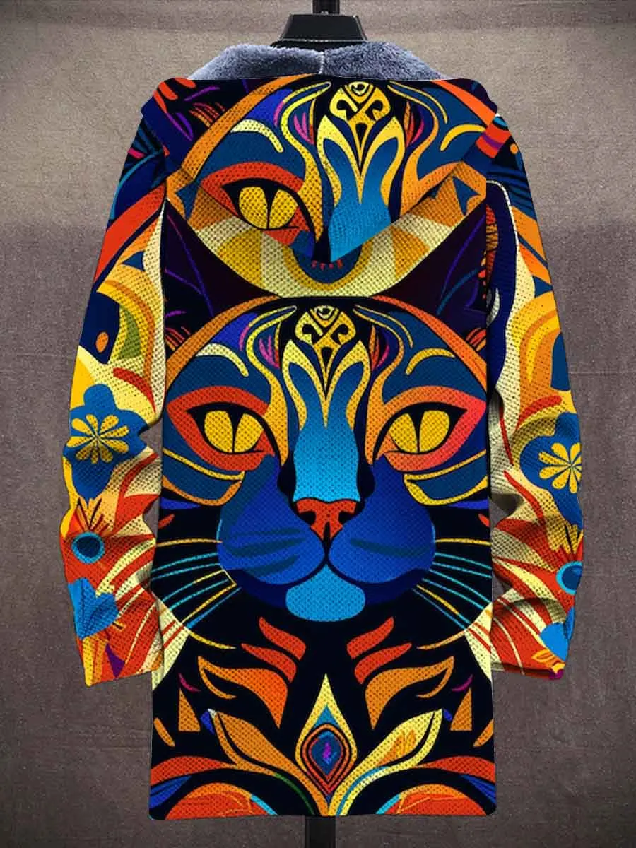 Retro Abstract Art Cat Pattern 3D Printed Men's Plush Thick Long-Sleeved Sweater Cardigan Coat Winter Warm Zipper Jacket HRD09